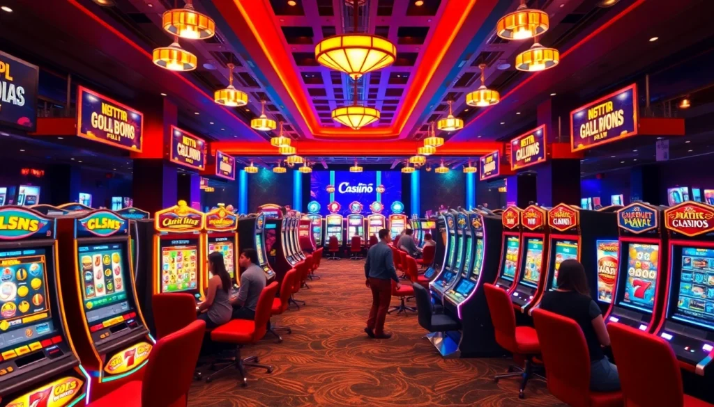 Menampilkan situs slot depo 5k dengan mesin slot berwarna-warni di latar belakang kasino yang ramai.