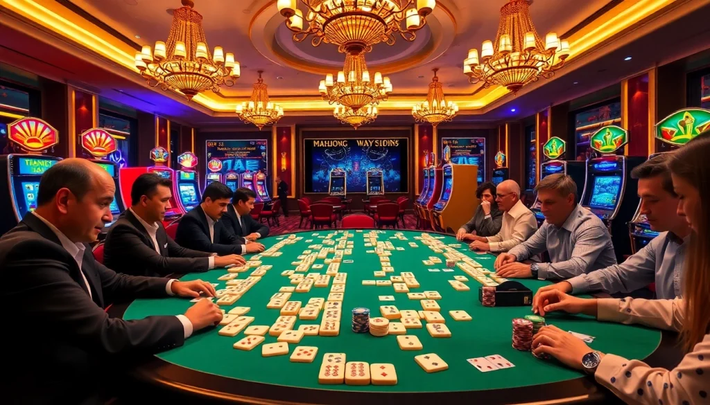 Engage in Mahjong Ways 2 gameplay at a luxury casino table with vibrant decor and excited players.