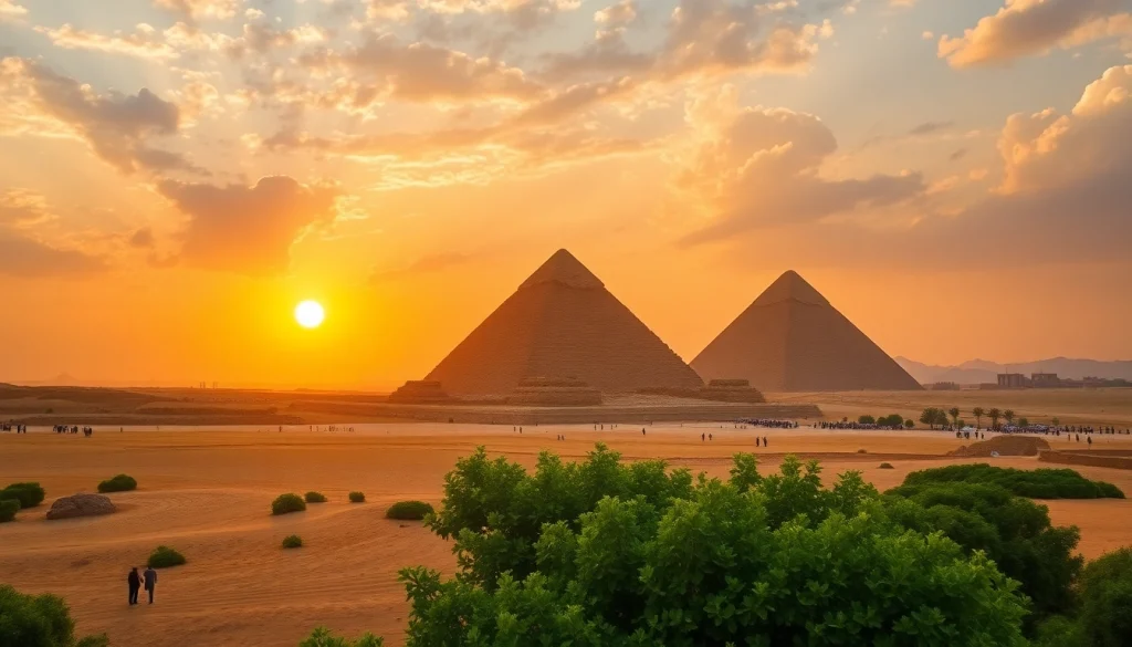 View of the piraminds revealing their grandeur against the sunset skyline.