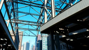 Showcasing detailed steel structure design in an urban environment with prominent features.