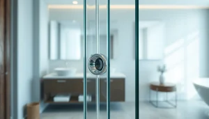 Showcasing elegant shower doors with a frameless design and polished chrome accents.