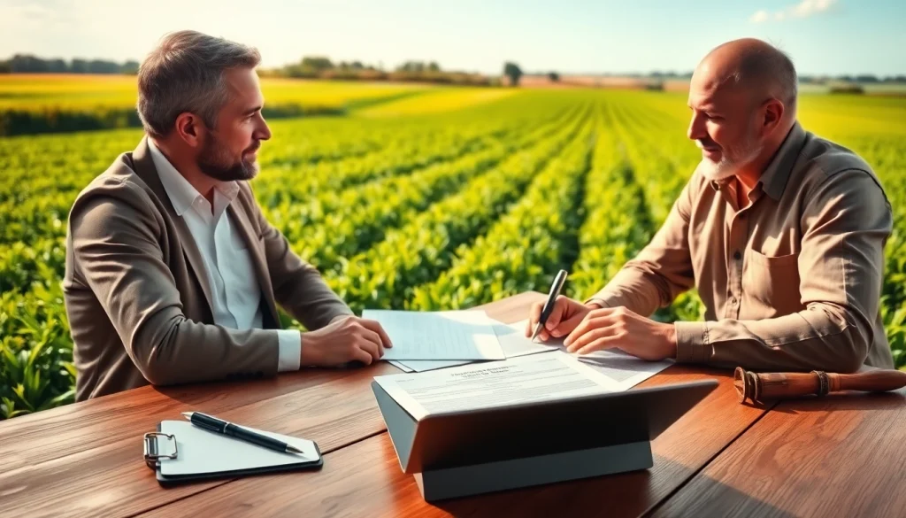 Engaged agriculture lawyer consulting with a farmer on legal matters in a field.