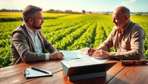 Engaged agriculture lawyer consulting with a farmer on legal matters in a field.