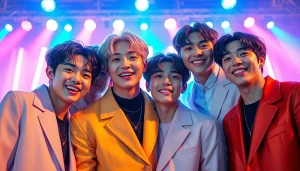 BTS news shows members celebrating album release with dynamic poses in vibrant concert backdrop.