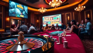Engage in רמי אונליין gaming action with vibrant casino visuals, poker chips, and roulette wheel.