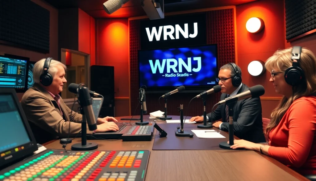 Engaging hosts at WRNJ Radio broadcasting live, showcasing vibrant studio energy.