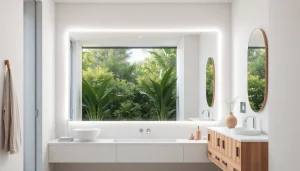 Brightly lit mirror with lights showcased in a modern bathroom setting.