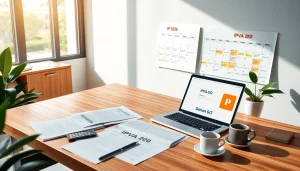 Professional setting for IPVA GO 2026, featuring organized desk with documents and Detran GO website.