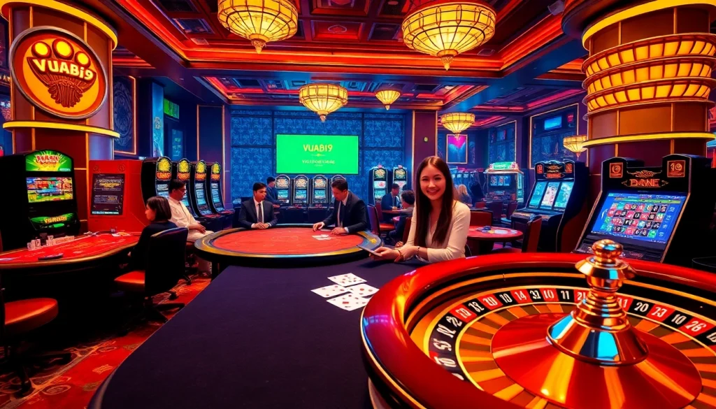 Gambling scene at Vuabai9 casino showcasing poker, slots, and roulette excitement.