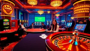 Gambling scene at Vuabai9 casino showcasing poker, slots, and roulette excitement.