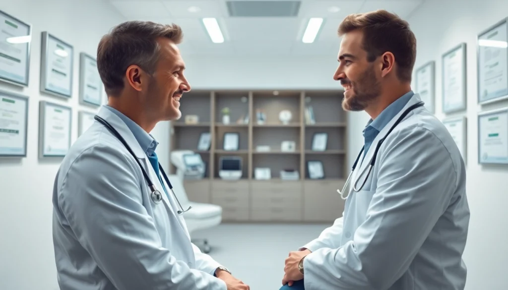 現代的で温かい雰囲気のクリニックの診察室で、医師と患者が話す包茎手術のおすすめ。