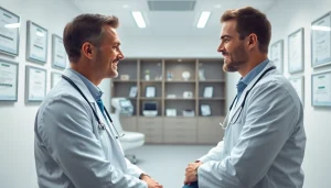 現代的で温かい雰囲気のクリニックの診察室で、医師と患者が話す包茎手術のおすすめ。