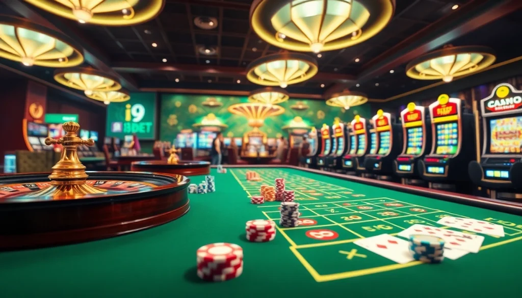 Experience exciting gameplay at i9bet.com with vibrant slot machines and poker chips.