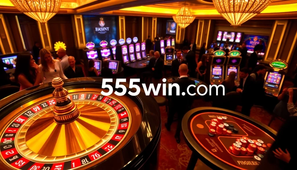Experience the excitement of 555win com with players at casino tables enjoying roulette and slots.