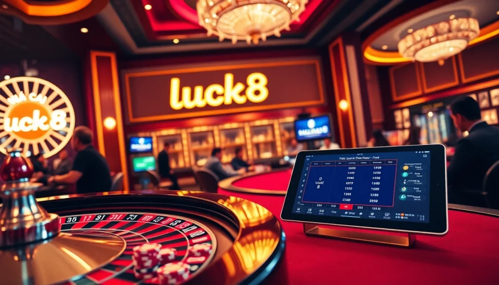 Experience the excitement of casino gaming at nhà cái luck8 with players enjoying blackjack and roulette.