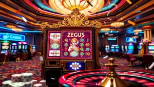 Jackpot seru menanti para pemain yang memainkan mesin Slot Zeus dalam suasana kasino yang bersemangat.