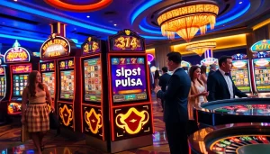 Players enjoying thrilling slot deposit pulsa games at a vibrant casino with colorful machines.