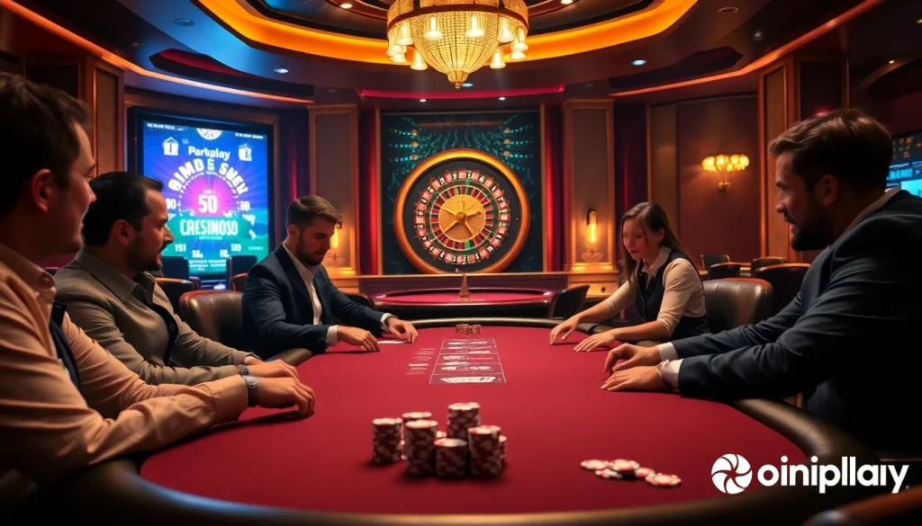 Players enjoying an intense poker game at Onicplay's luxurious casino atmosphere.