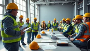 Workers participating in construction safety training Colorado, with an instructor demonstrating gear usage and a focused atmosphere.