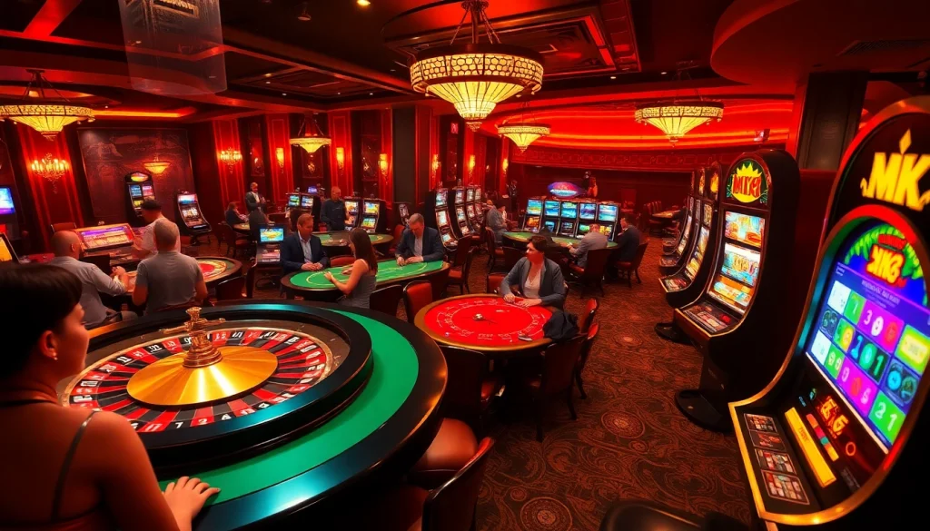 Experience thrilling betting at MK8, showcasing an exquisite casino ambiance with vibrant tables and engaged players.