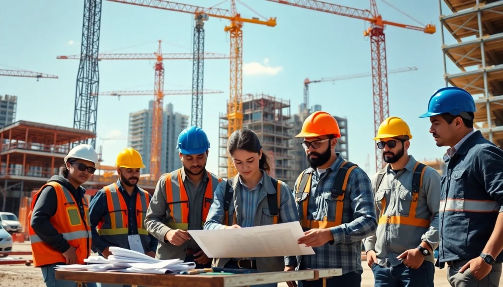 Engaged construction apprenticeship students collaborating on-site, honing skills in a vibrant environment.
