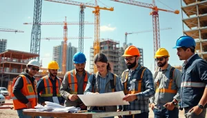 Engaged construction apprenticeship students collaborating on-site, honing skills in a vibrant environment.