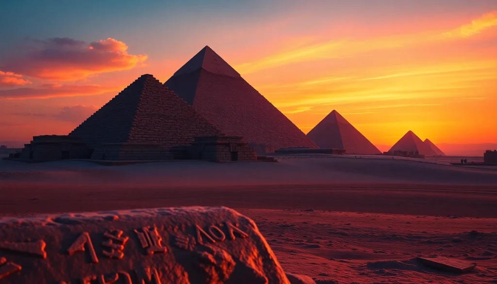 Explore the majestic piraminds of Giza illuminating the evening sky with stunning dusk colors.