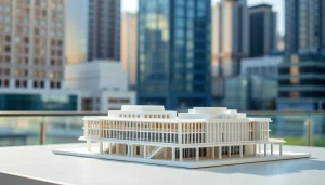 Architekturmodellbau Hannover zeigt ein detalliertes Modell eines modernen Gebäudes in städtischer Umgebung.