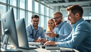 Expert technicians providing computer service in a modern office, showcasing collaboration and technology.