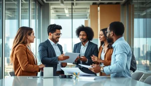 Team discussing ideas for workforce development in a modern office setting.