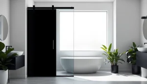 Stylish black shower sliding door displayed in a modern bathroom with greenery and soft natural light.