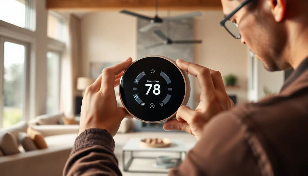 Adjusting a smart thermostat in a modern home setting showcases its advanced features.