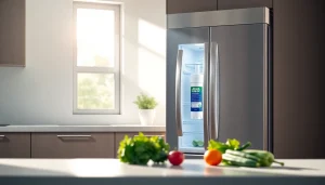AQUA CREST LT1000PC ADQ747935 Refrigerator Water Filter and Air Filter in a sleek modern kitchen, showcasing health-conscious living.