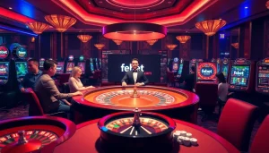 Engaging players at a live casino table on https://febet8.com with vibrant roulette wheels and poker chips.