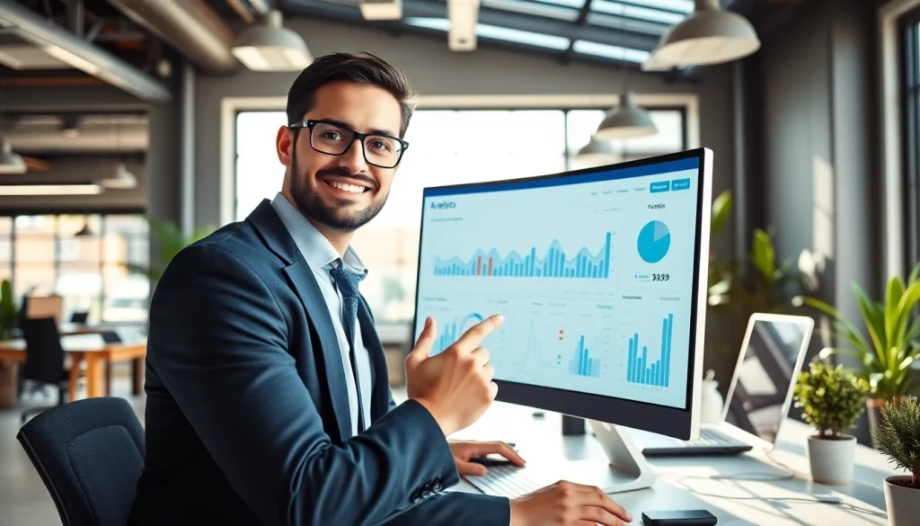 SEO Agentur analysiert Leistungskennzahlen in einem modernen Büro für digitale Sichtbarkeit.