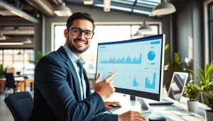 SEO Agentur analysiert Leistungskennzahlen in einem modernen Büro für digitale Sichtbarkeit.