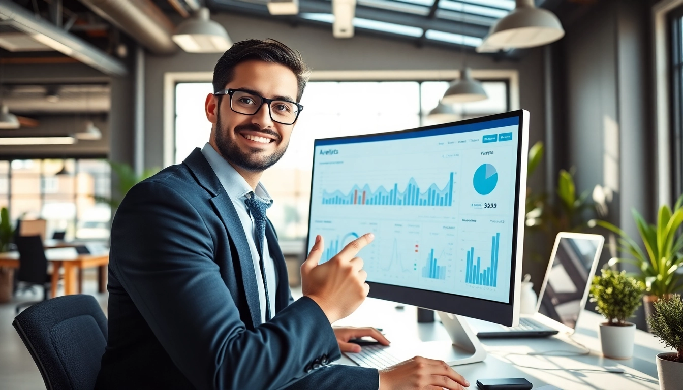 SEO Agentur analysiert Leistungskennzahlen in einem modernen Büro für digitale Sichtbarkeit.