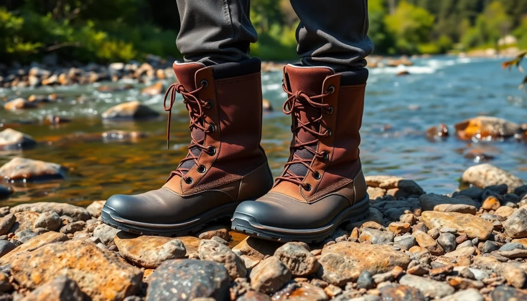 Fly fishing boots showcasing durability on a riverbank, surrounded by nature's vibrant beauty.