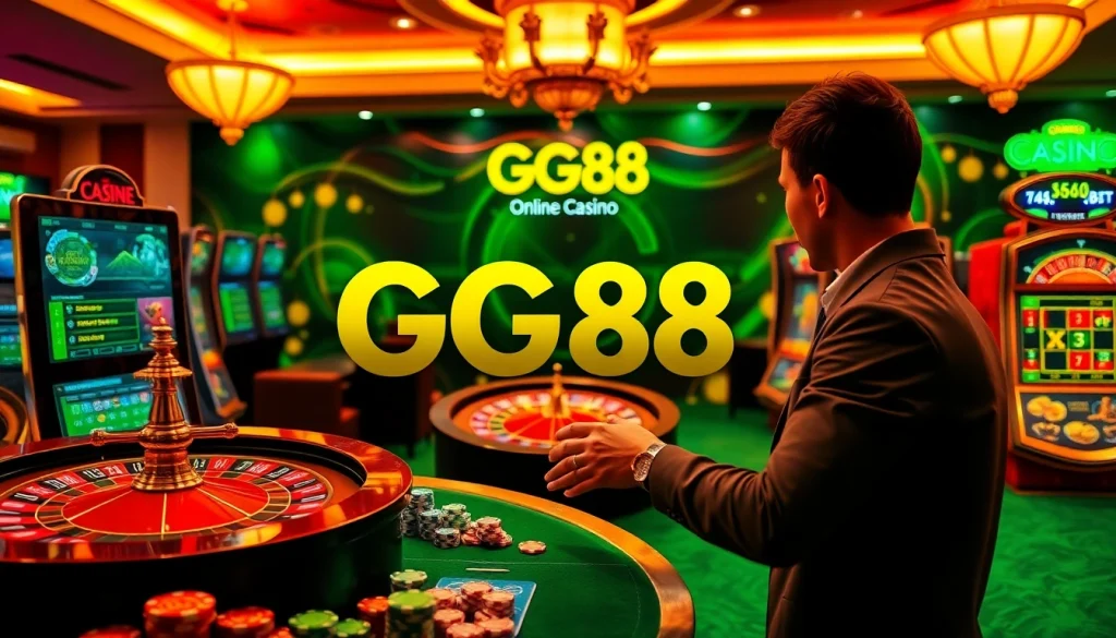 A vibrant scene of a player enjoying GG88 gaming with roulette wheels and poker chips in a luxurious online casino atmosphere.