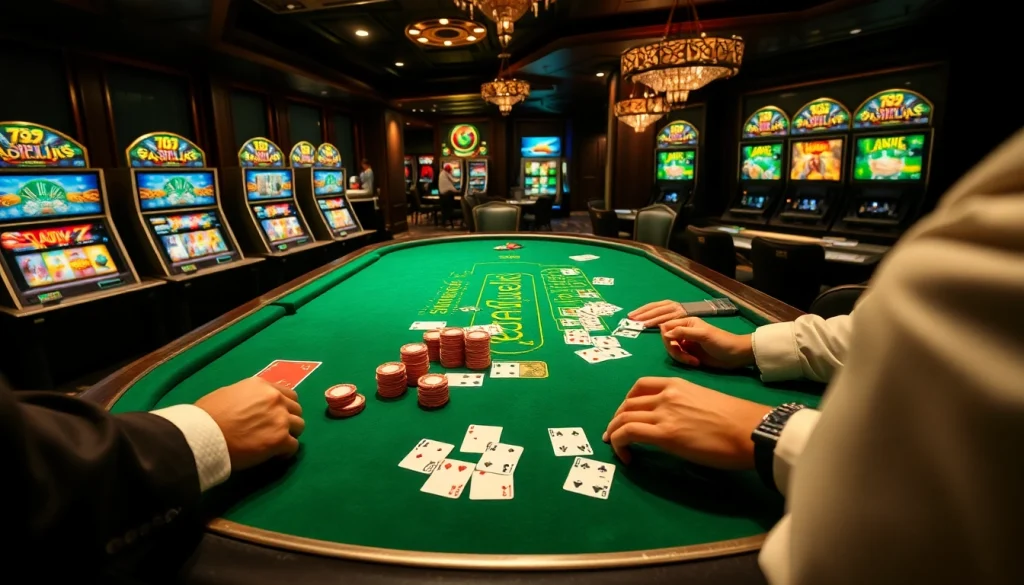 Exciting poker game scene at 789club casino with vibrant chips and professional dealers.