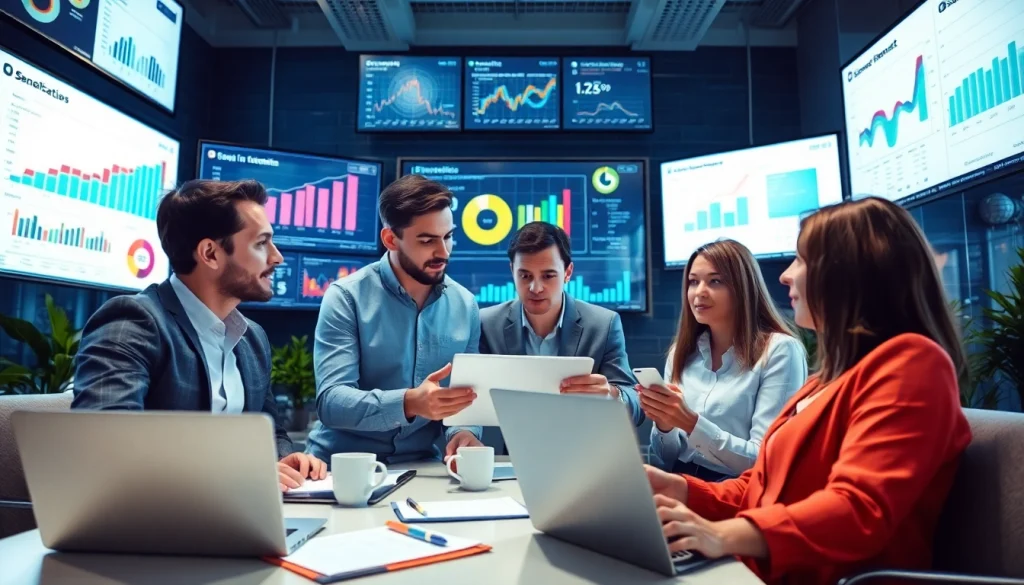 Sales team using competitive intelligence for sales in a modern office setting.