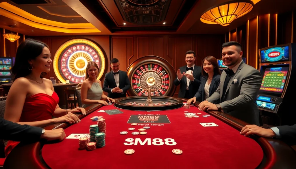 MM88 poker table with enthusiastic players, capturing the excitement of casino gaming.