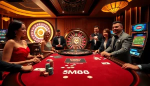MM88 poker table with enthusiastic players, capturing the excitement of casino gaming.