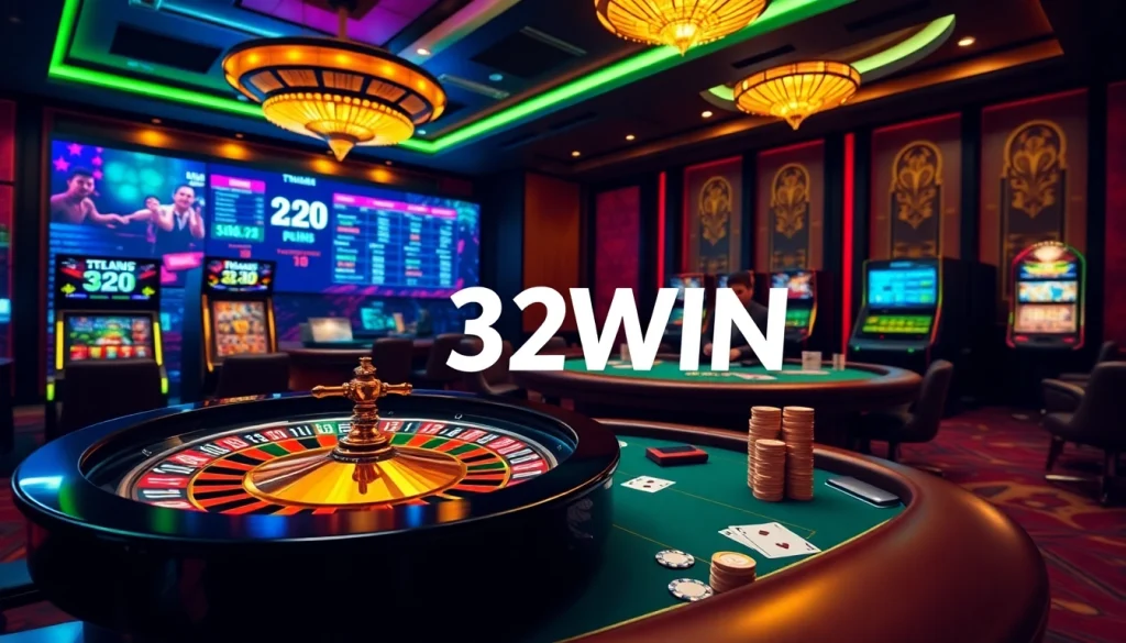 Exciting online gambling scene at Trang chủ 32WIN featuring a roulette wheel, poker table, and vibrant casino ambiance.