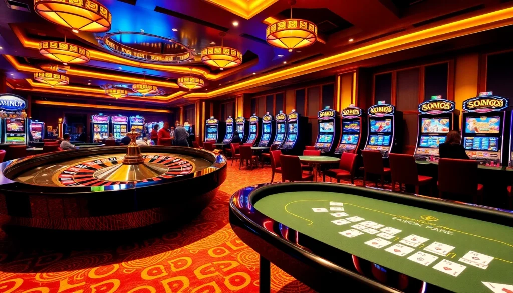 SODO Casino's vibrant gaming scene with roulette, poker, and slot machines showcasing excitement and luxury.