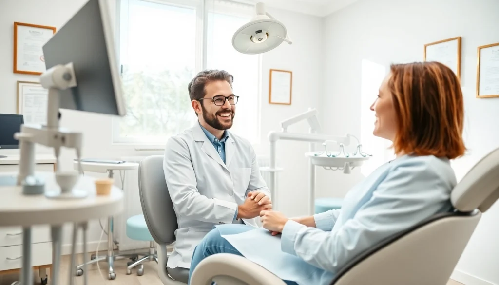 Patient consultation about キレイライン矯正 口コミ in a bright dental clinic, conveying trust and professionalism.