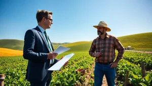 Agriculture lawyer advising a farmer in a sunny field about legal matters.