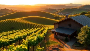 Experience the beauty of clarksburg wineries with lush vineyards and warm golden hour light.