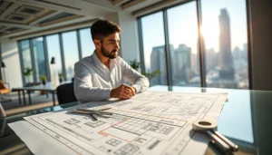 Engineer analyzing the blueprint of das 142 surrounded by tools in a bright modern office.