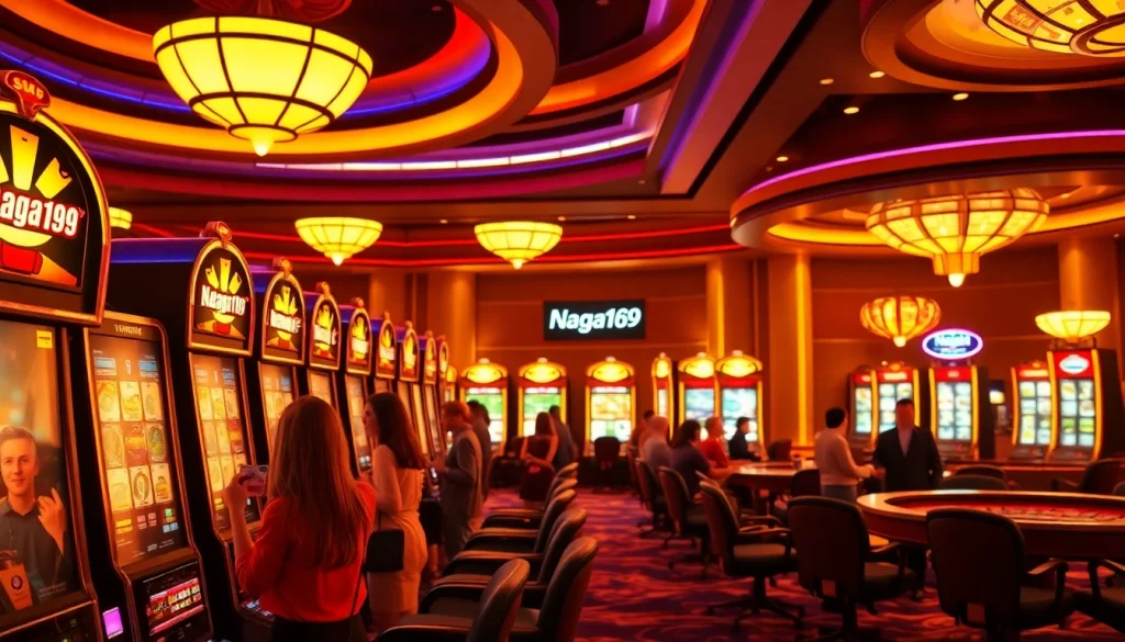 Naga169 tanpa potongan captures an exciting casino atmosphere with players enjoying slots and a vibrant environment.